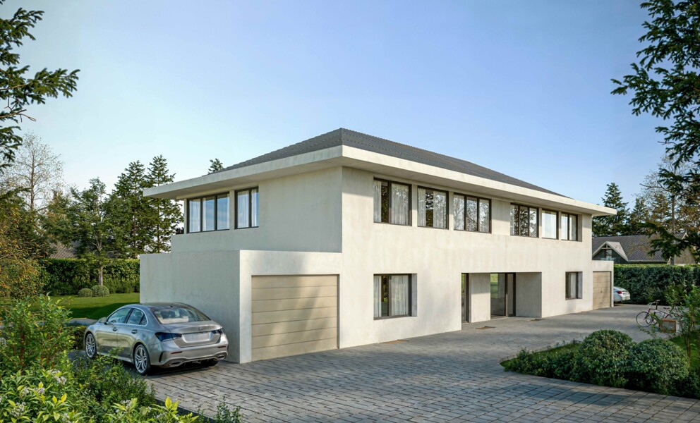 Modernes Einfamilienhaus mit Flachdach und großzügiger Zufahrt