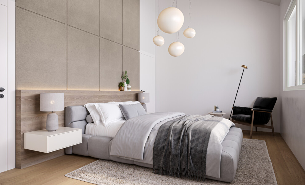 Helles, minimalistisches Schlafzimmer