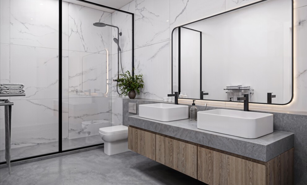 Modernes Badezimmer mit Doppelwaschtisch und Walk-in-Dusche