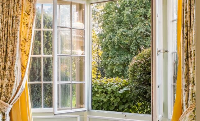Heller Blick durch geöffnete Fenster ins Grüne