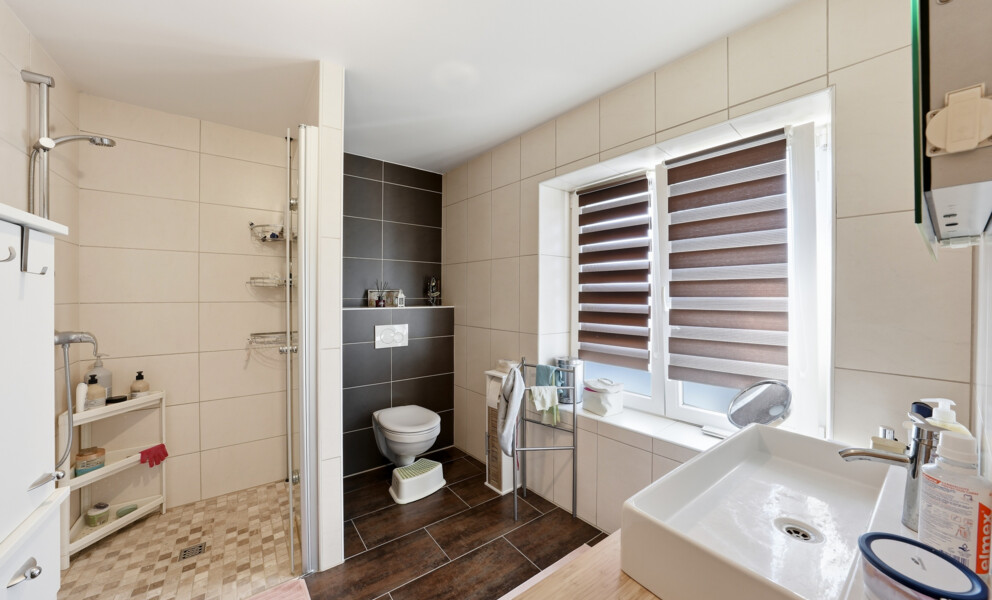Modernes Badezimmer mit Dusche, WC und Waschtisch