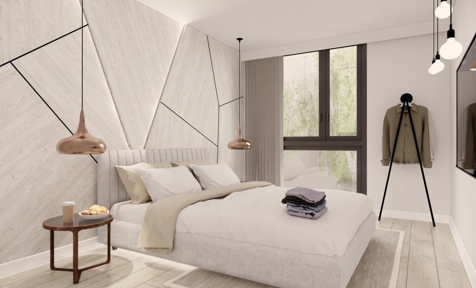 Modernes Schlafzimmer mit geometrischer Akzentwand