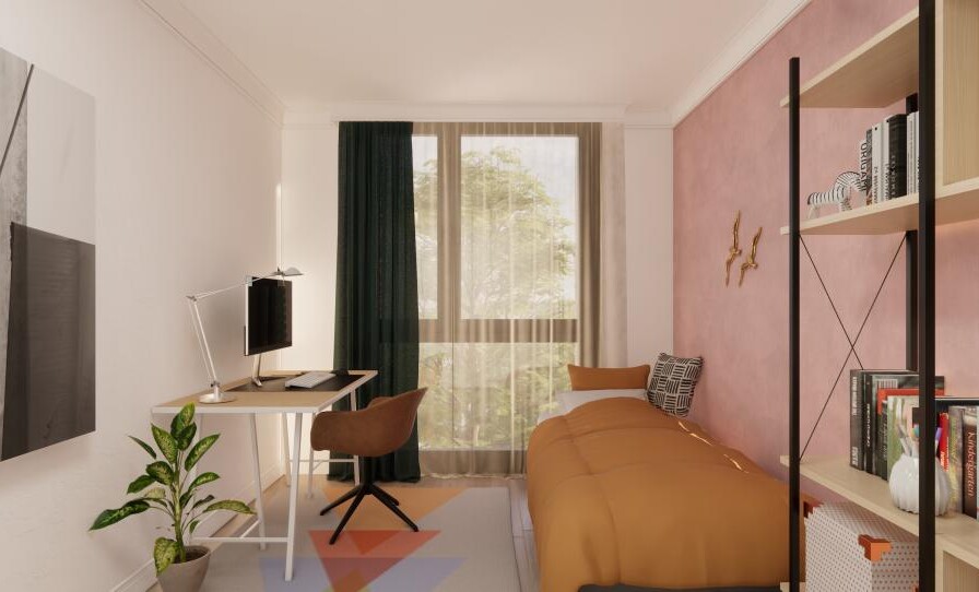 Helles Schlafzimmer mit Schreibtisch und Regal
