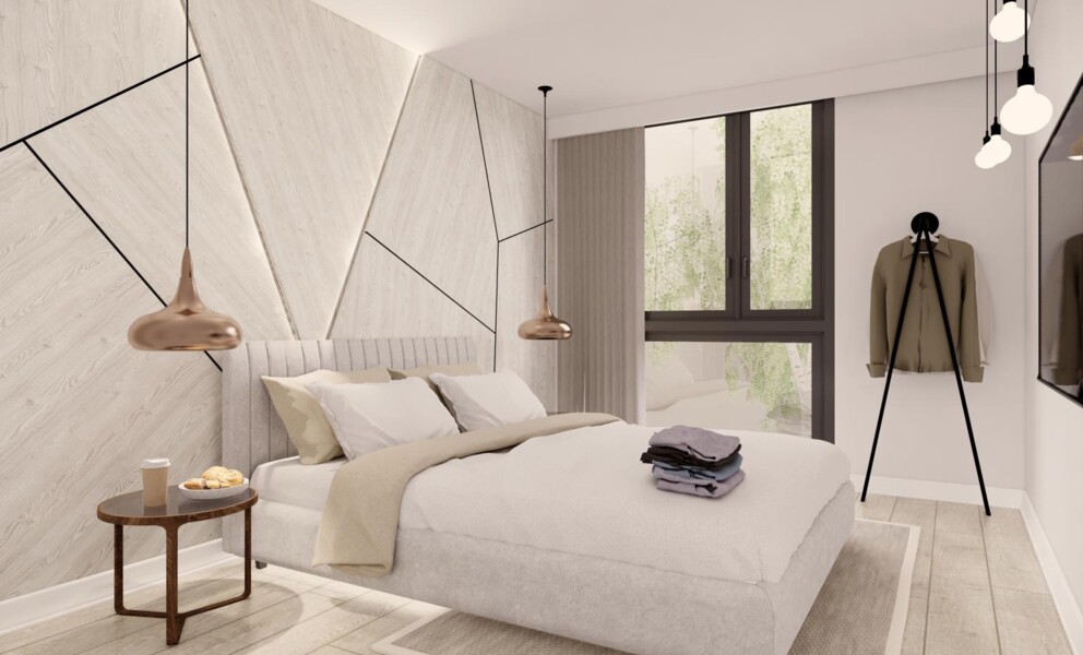 Modernes Schlafzimmer mit geometrischer Akzentwand