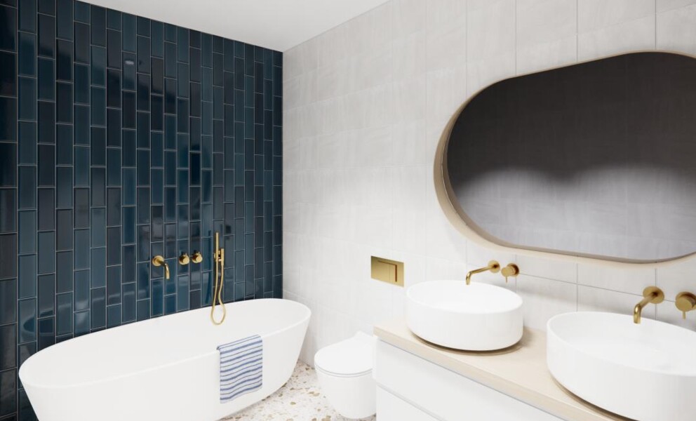 Modernes Badezimmer mit dunkler Akzentwand und freistehender Wanne