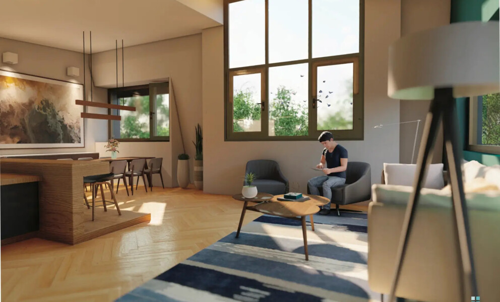 Helles, modernes Wohnzimmer mit Essbereich