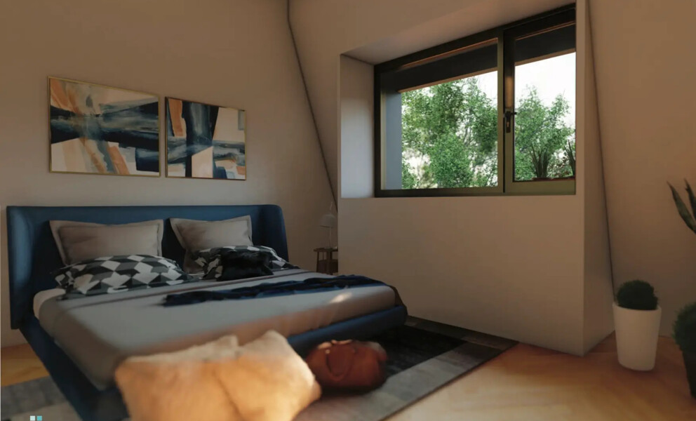 Modernes Schlafzimmer mit großem Fenster