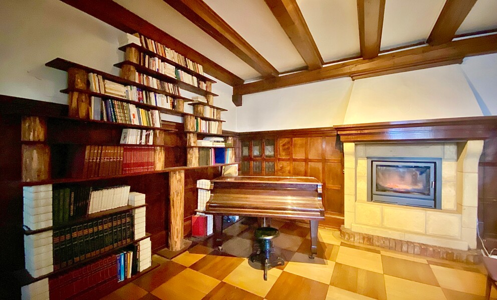 Wohnzimmer mit Kamin und Bibliotheksecke