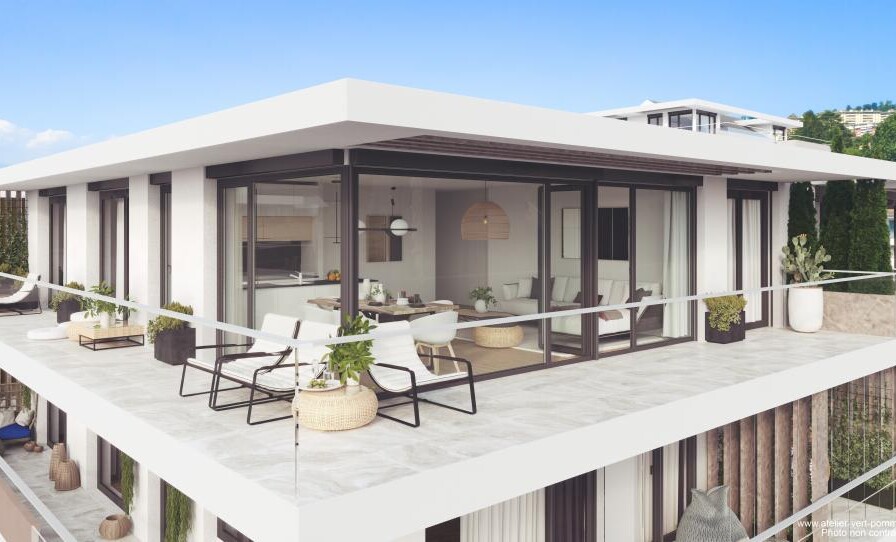 Moderne Dachterrasse mit offenem Wohnbereich