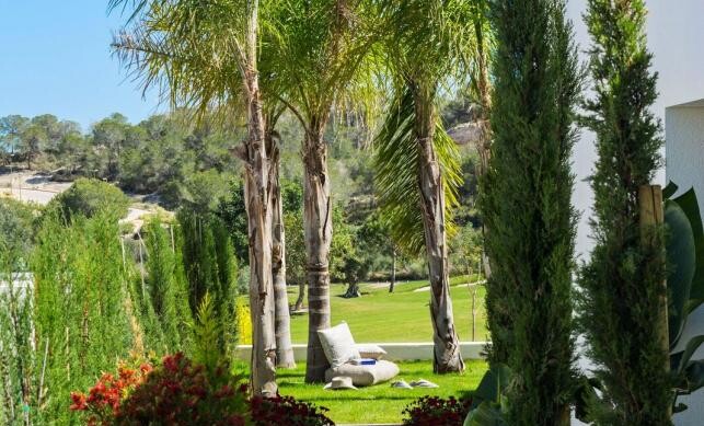 Garten mit Palmen und Liegefläche