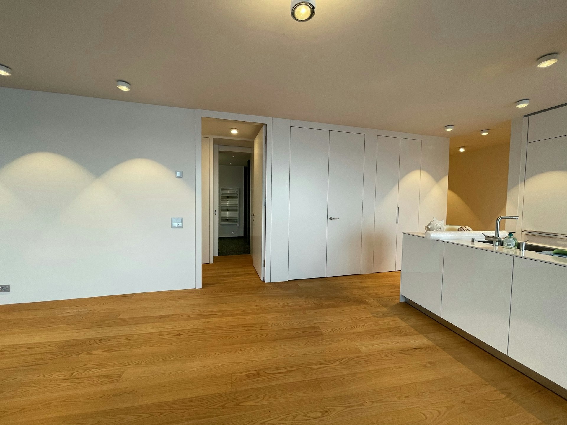 Moderne Küche mit Holzfußboden