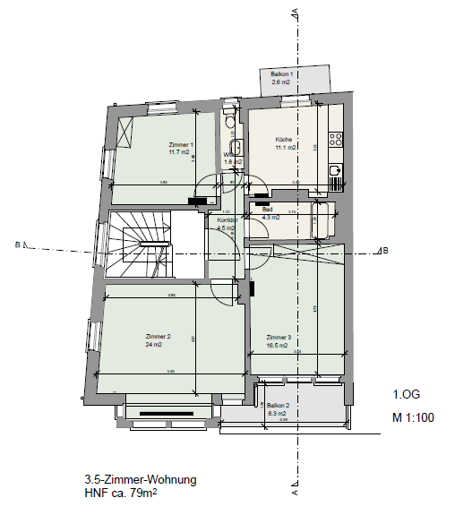 Grundriss einer 3,5-Zimmer-Wohnung
