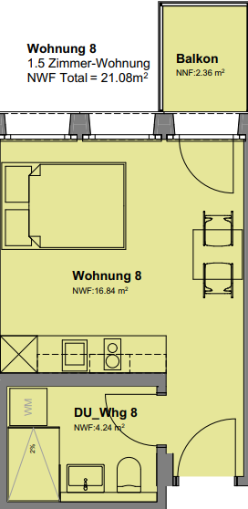 Grundriss einer 1,5-Zimmer-Wohnung mit Balkon