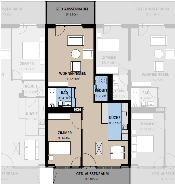 Grundriss einer Wohnung mit Wohn-/Essbereich, Küche, Bad, Zimmern und Außenbereichen