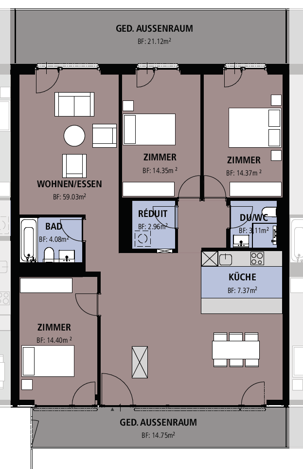 Grundriss mit Wohn-, Schlaf- und Nebenräumen