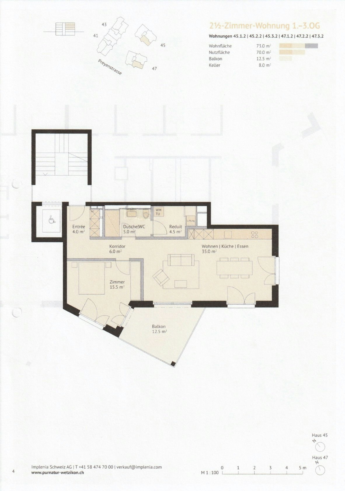 Grundriss einer 2½-Zimmer-Wohnung im 1.–3. Obergeschoss