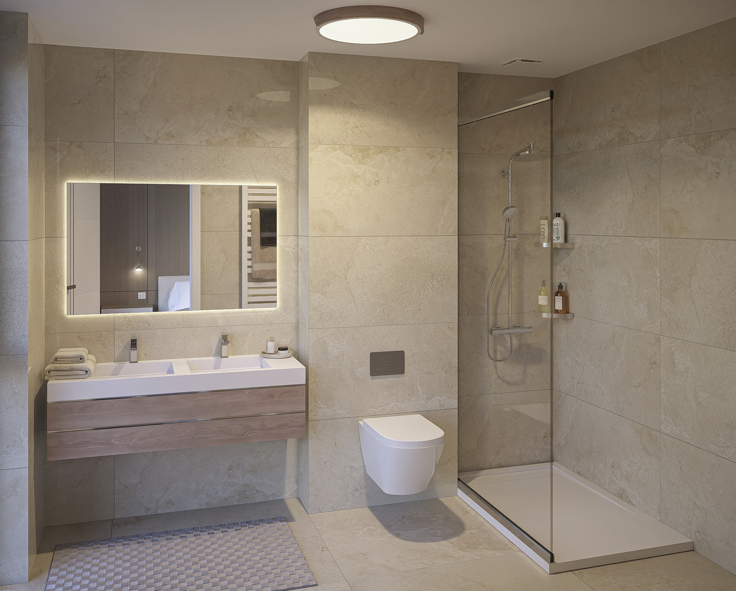 Modernes Badezimmer mit begehbarer Dusche und Doppelwaschbecken