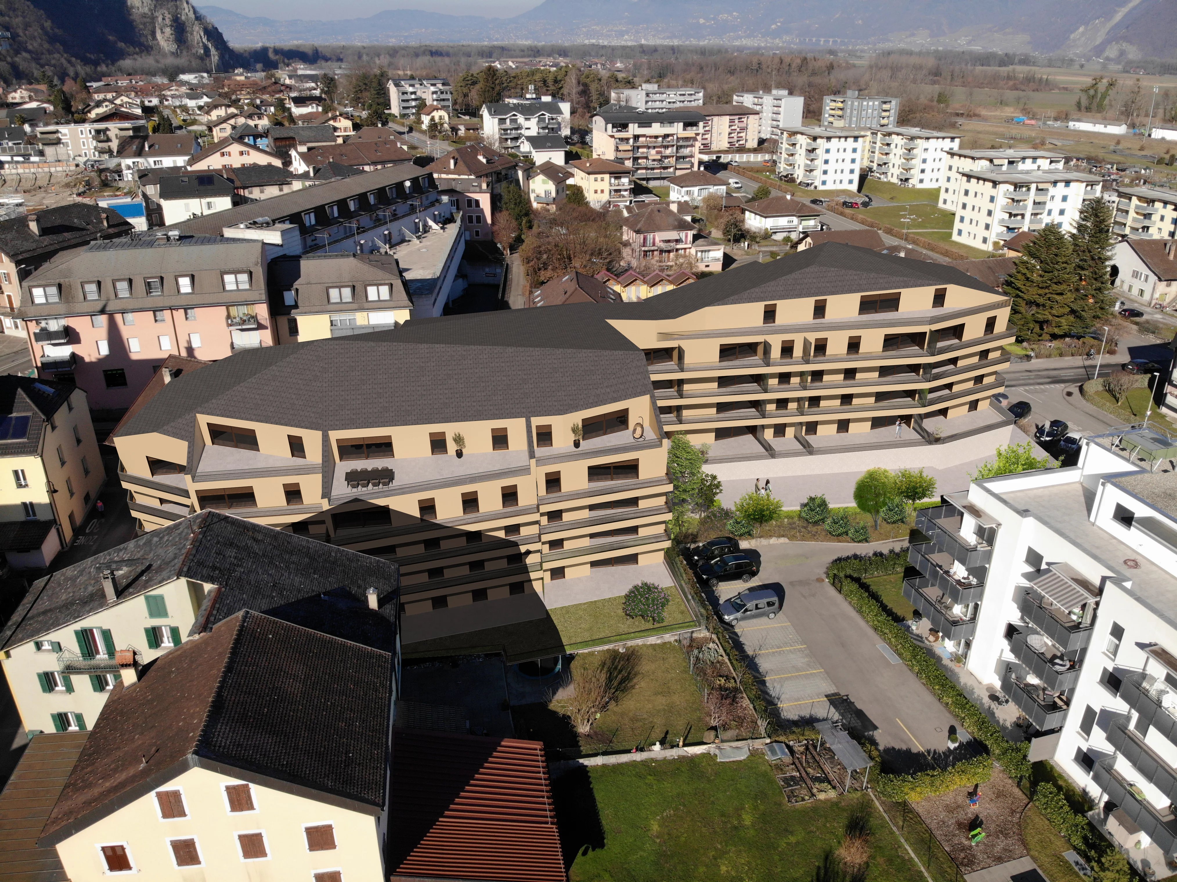 Luftaufnahme eines Wohnquartiers mit Mehrfamilienhäusern