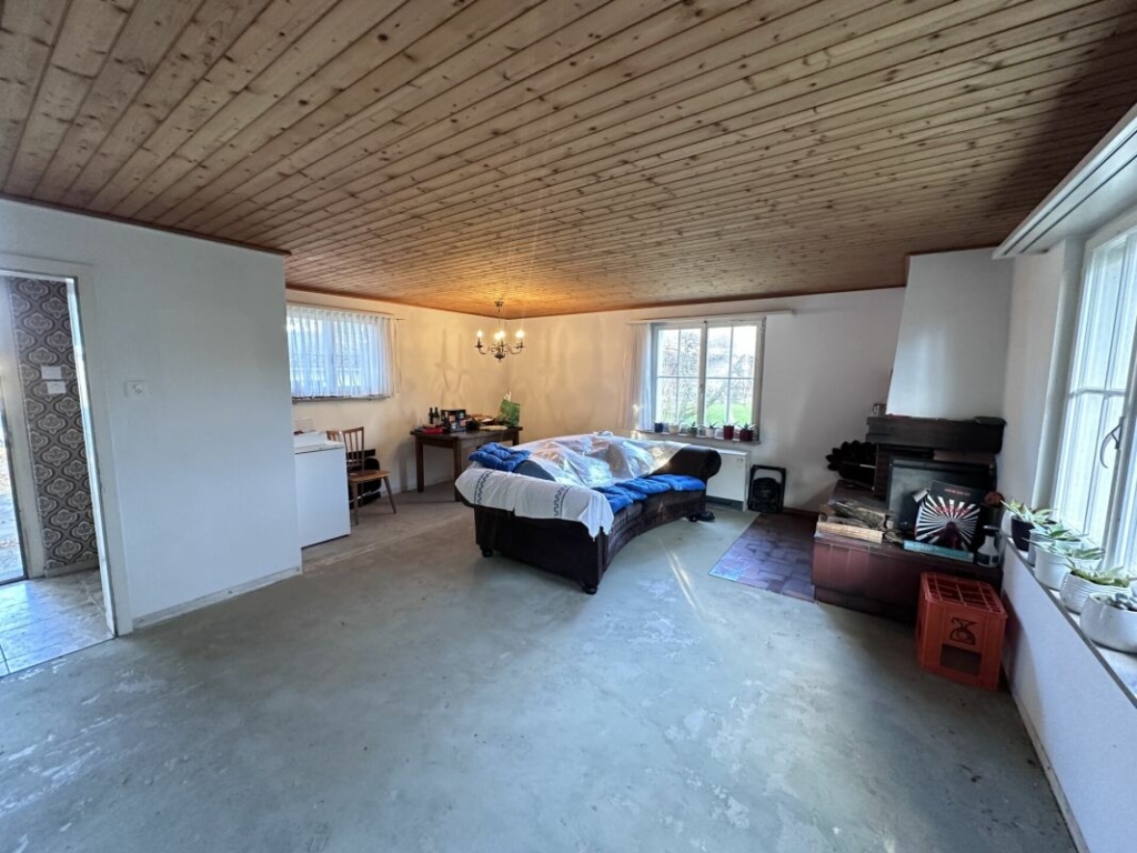 Wohnzimmer mit Kamin und Holzdecke
