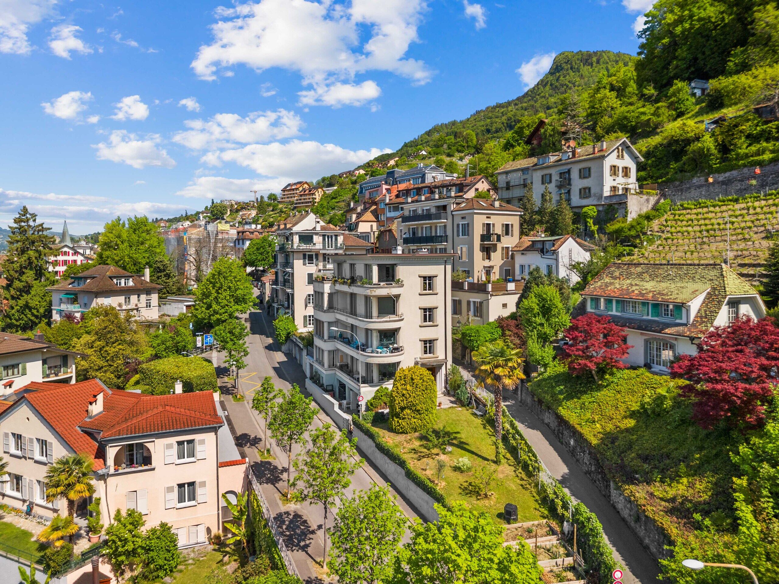 Städtische Hanglage mit Blick auf Wohnhäuser und Grün