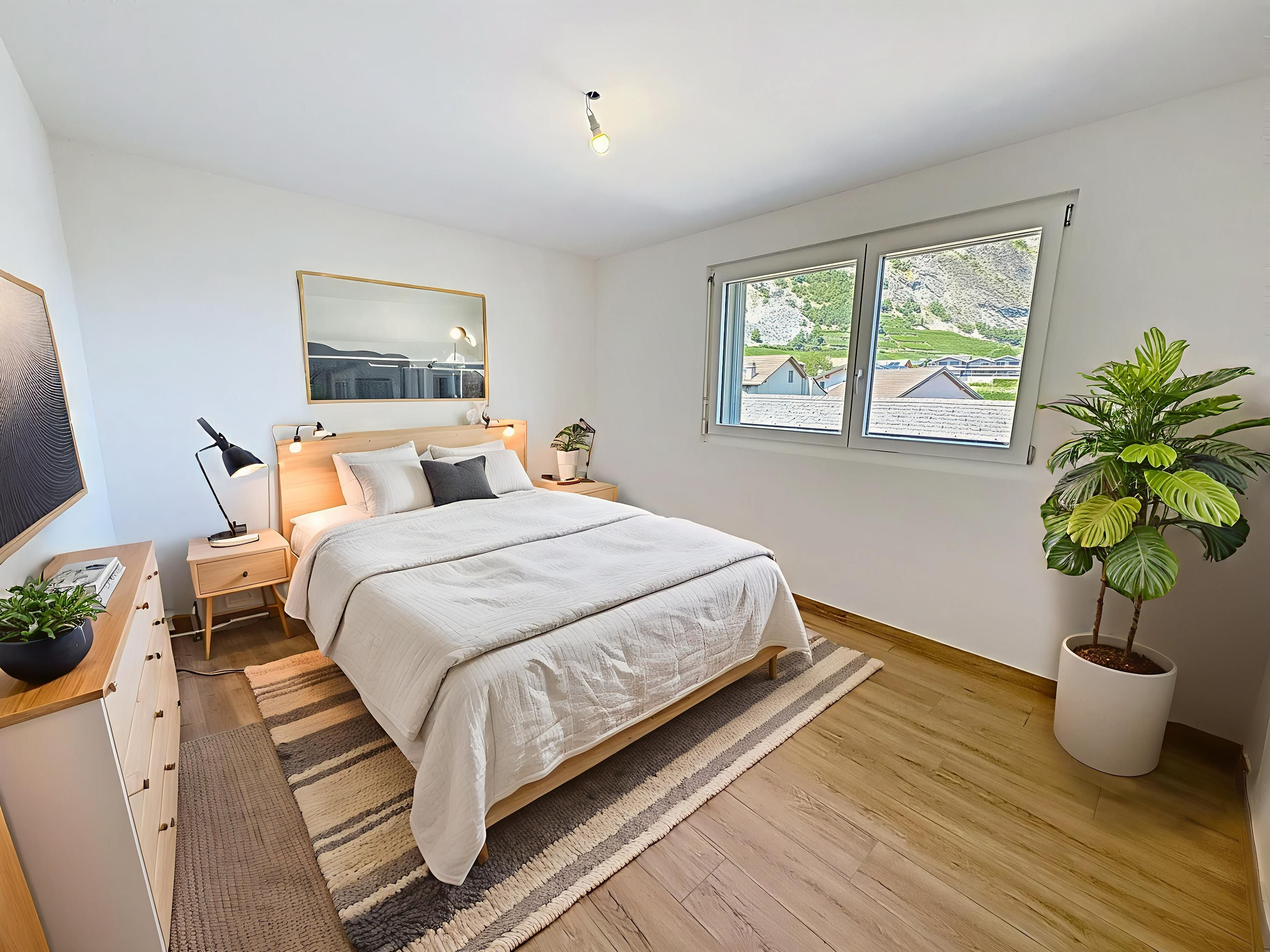 Helles Schlafzimmer mit Bergblick