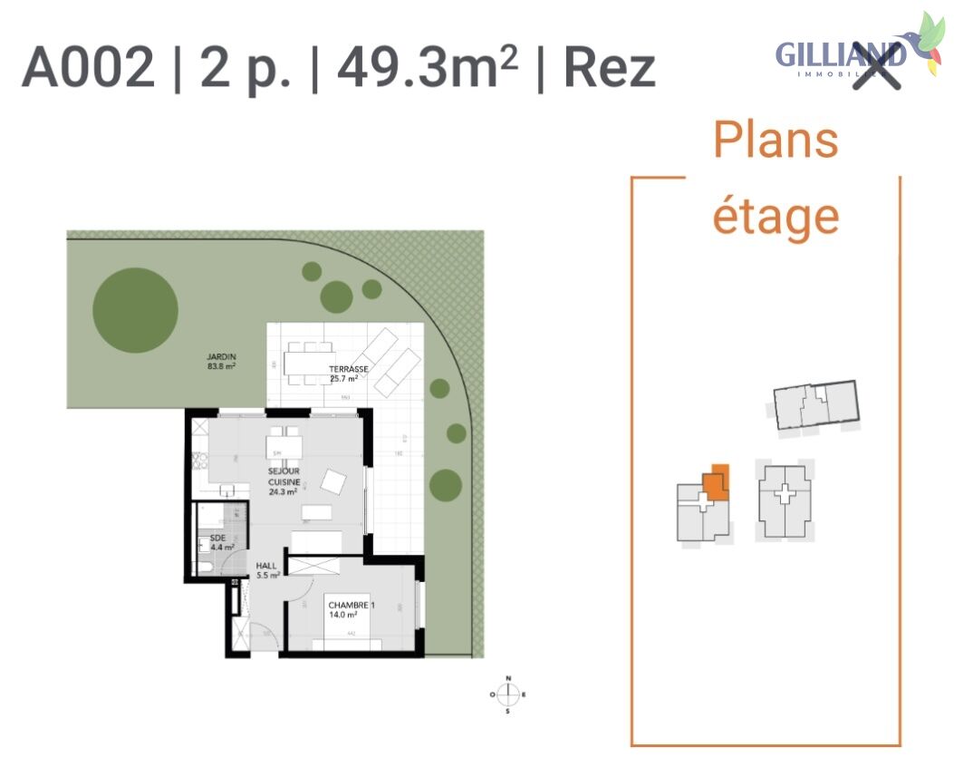 Grundriss einer 2-Zimmer-Wohnung mit Garten und Terrasse