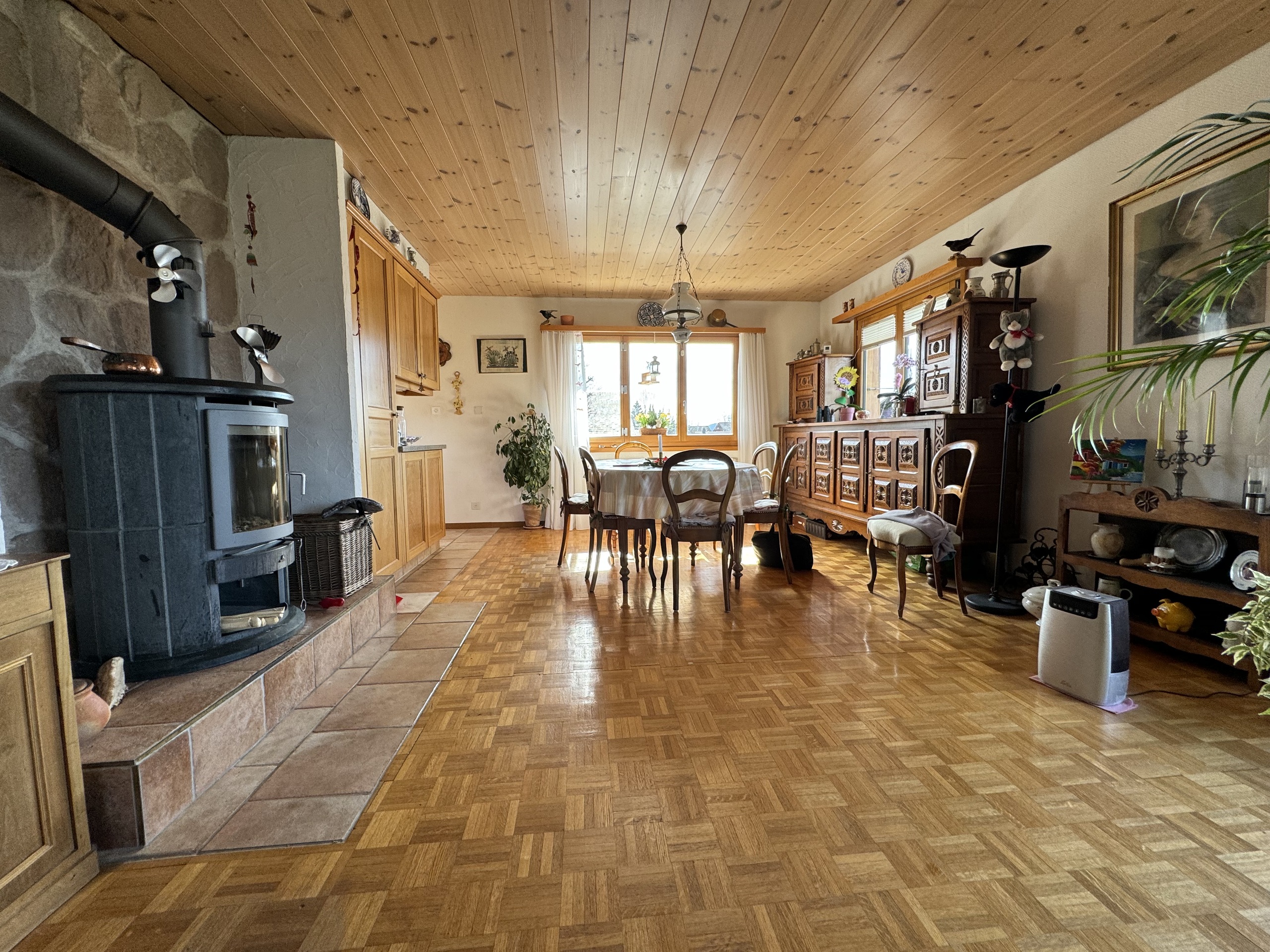 Gemütliches Esszimmer mit Kaminofen