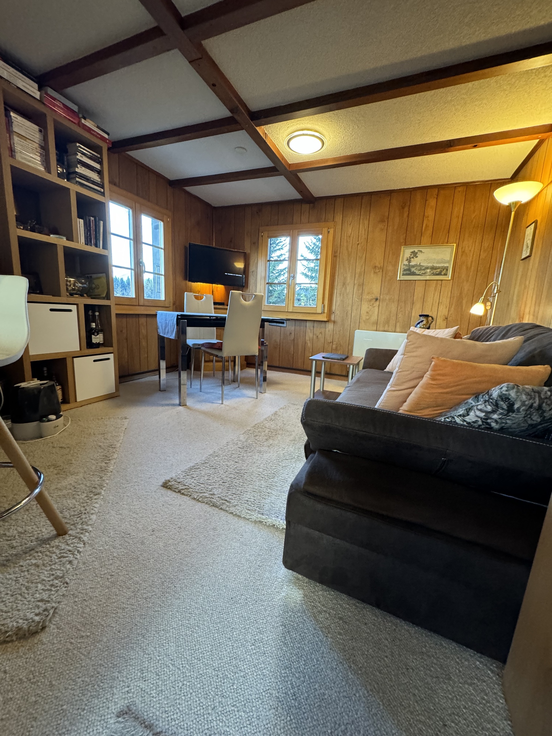 Gemütliches Wohnzimmer mit Holzvertäfelung