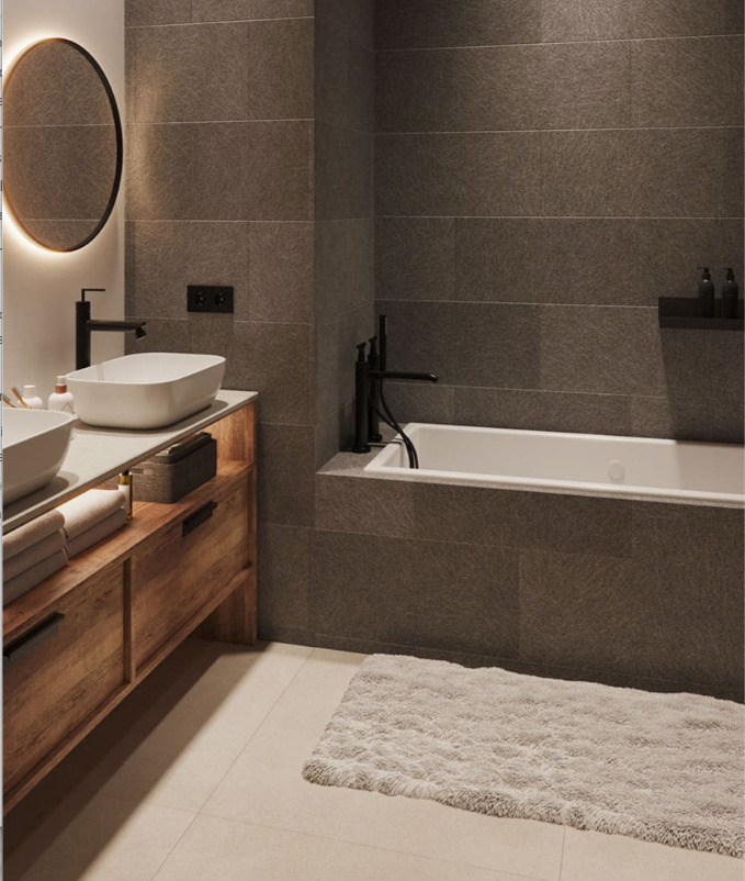 Modernes Badezimmer mit Doppelwaschbecken und Badewanne