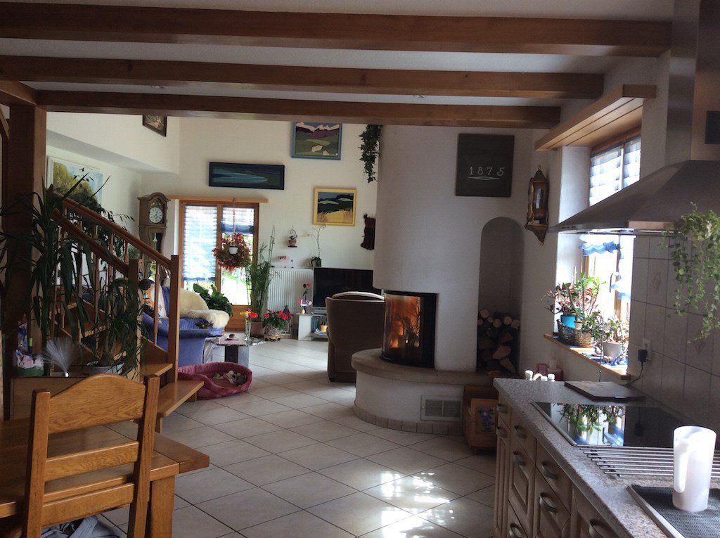Gemütlicher Wohnbereich mit offener Küche und Kamin