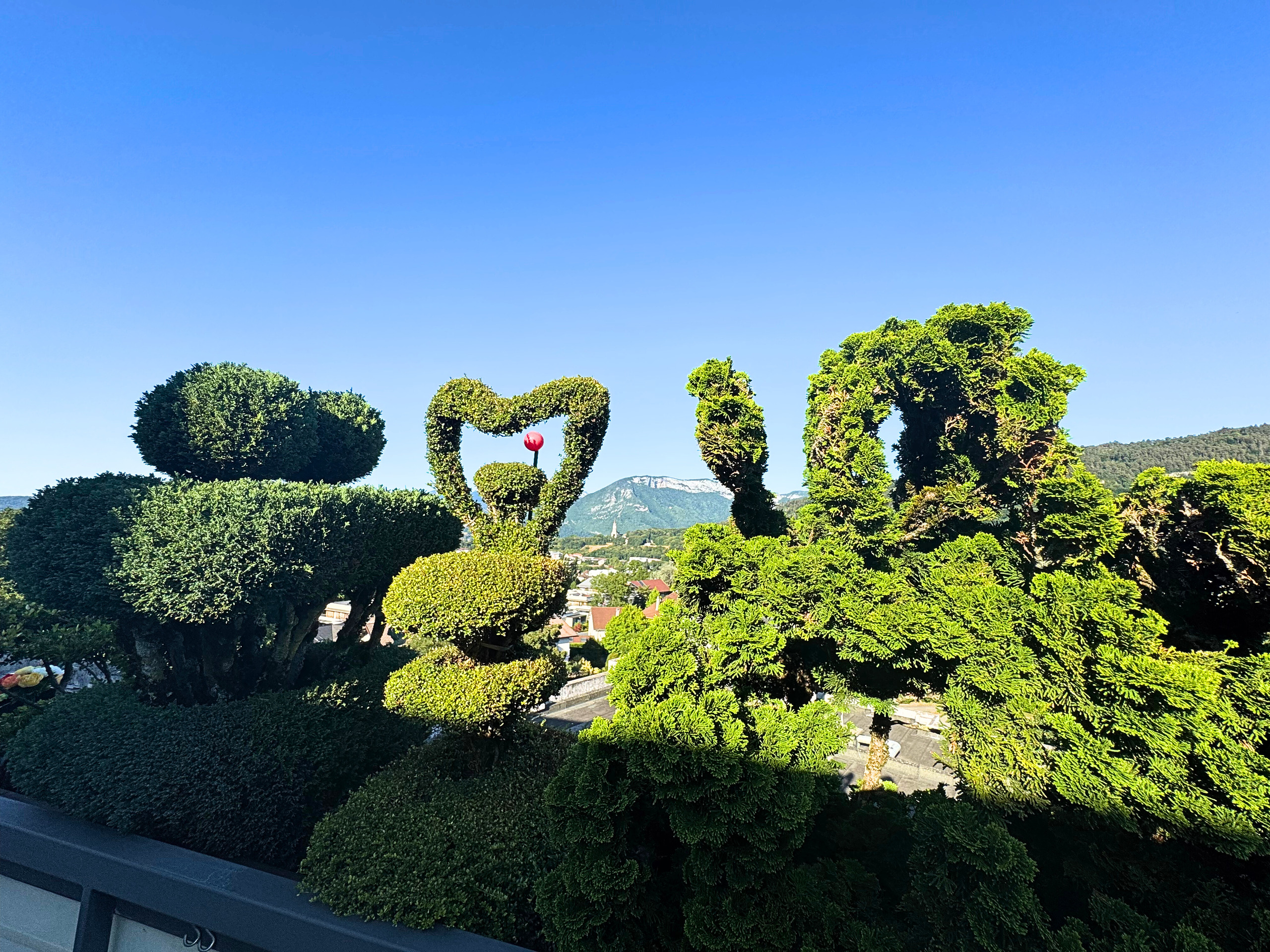 Formgeschnittene Gartenhecken mit Bergblick
