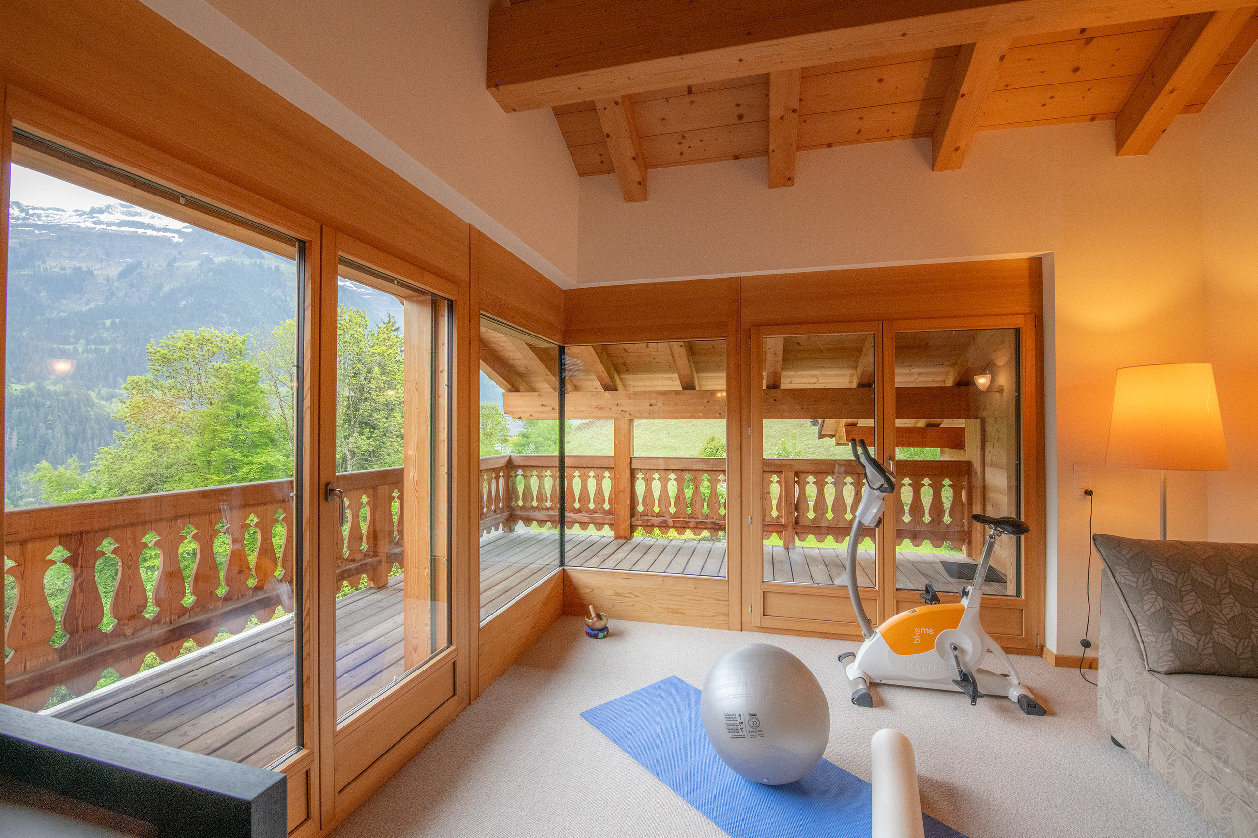 Heller Fitnessraum mit Bergblick