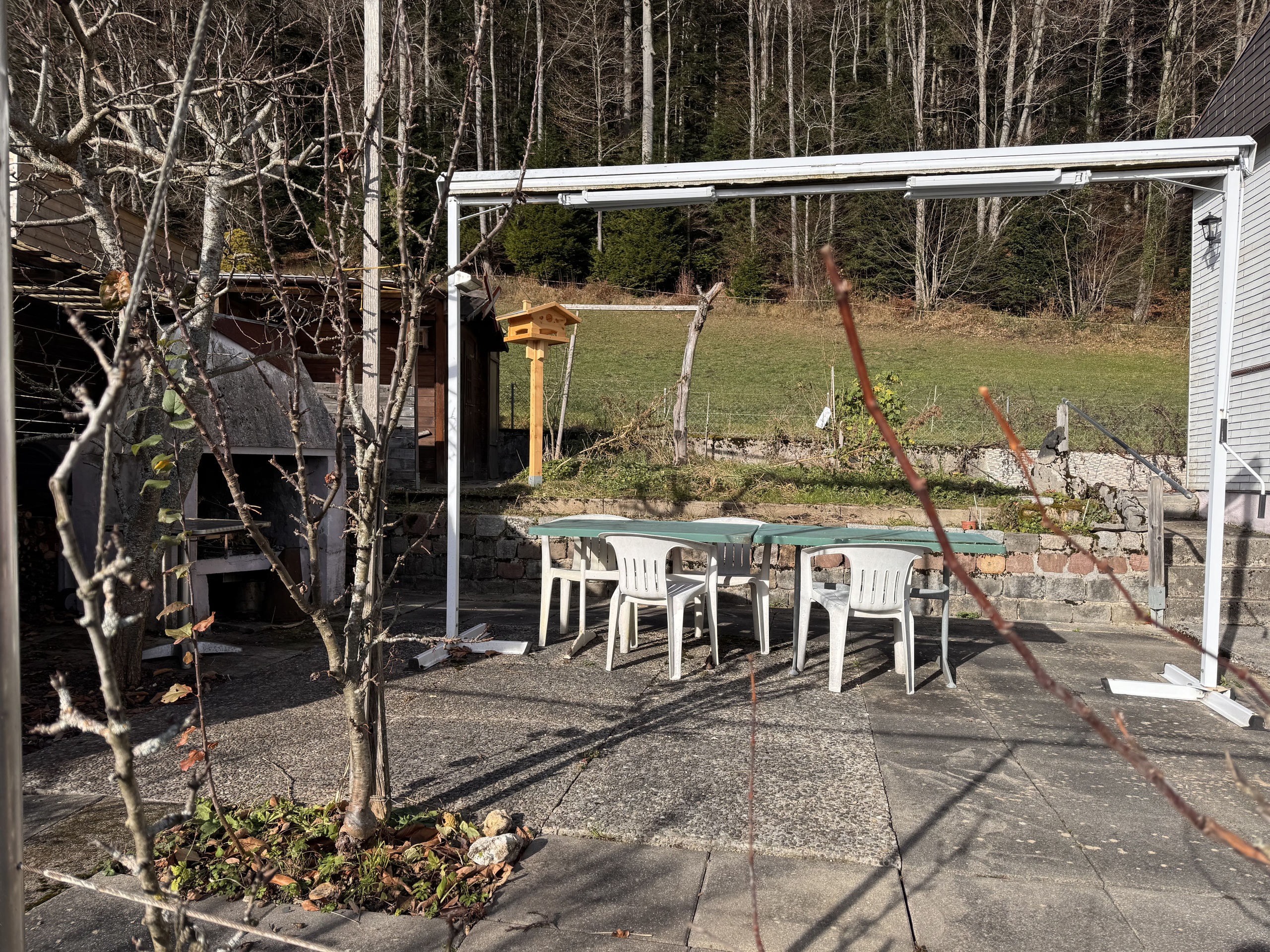 Terrasse mit Überdachung und Gartenblick