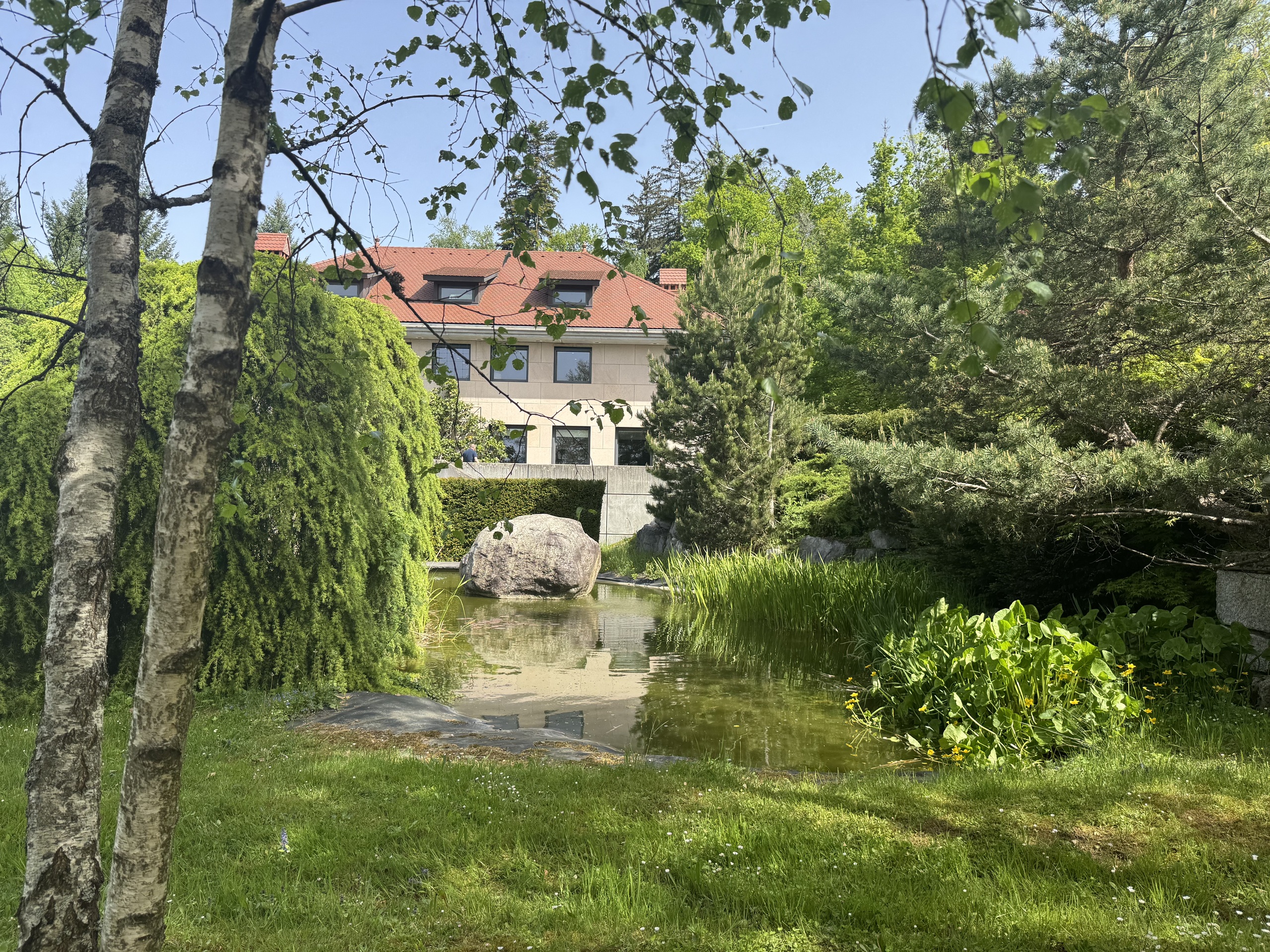 Gartenansicht eines Hauses mit Teich