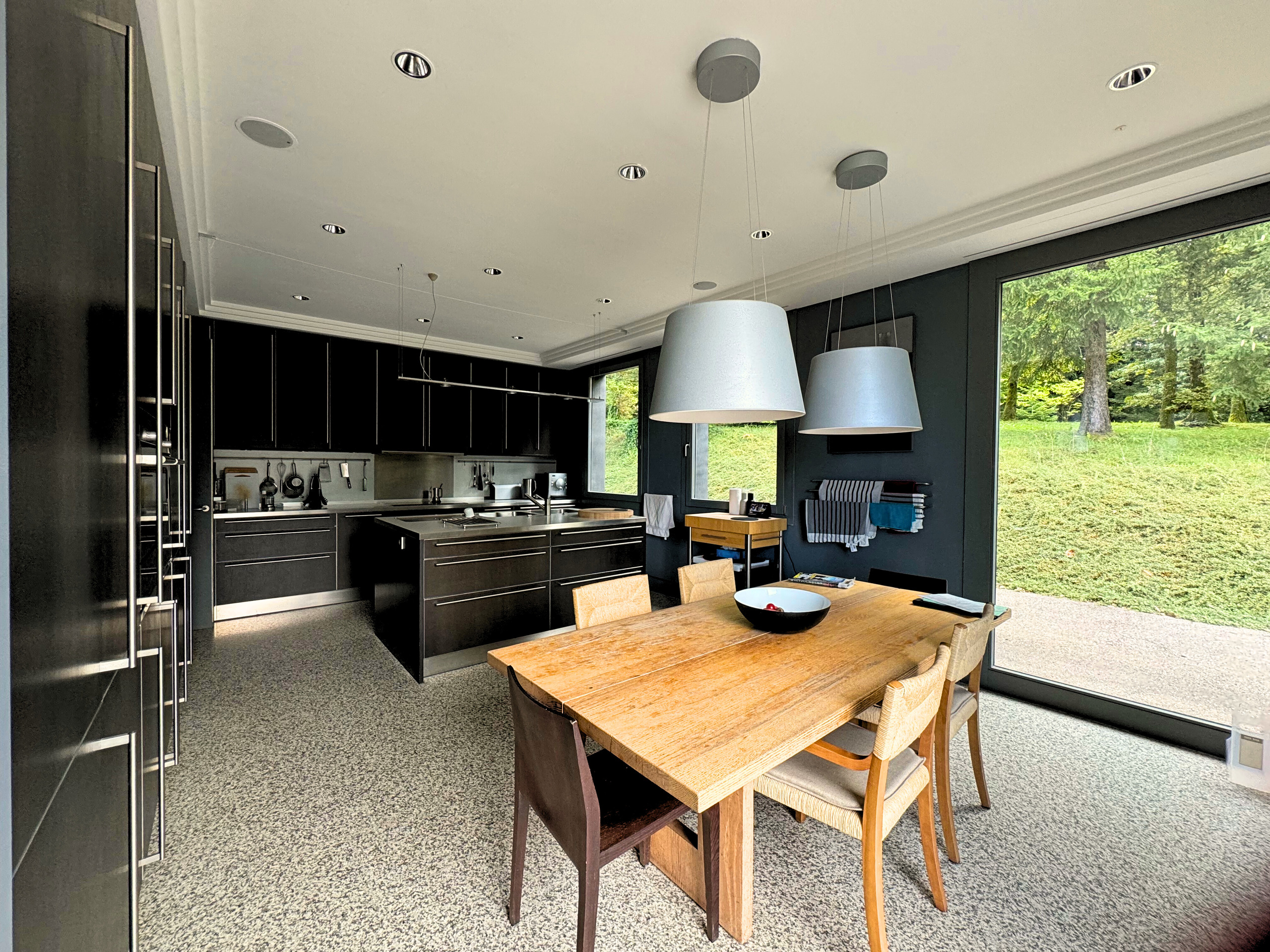 Moderne Küche mit Essbereich und großem Gartenblick