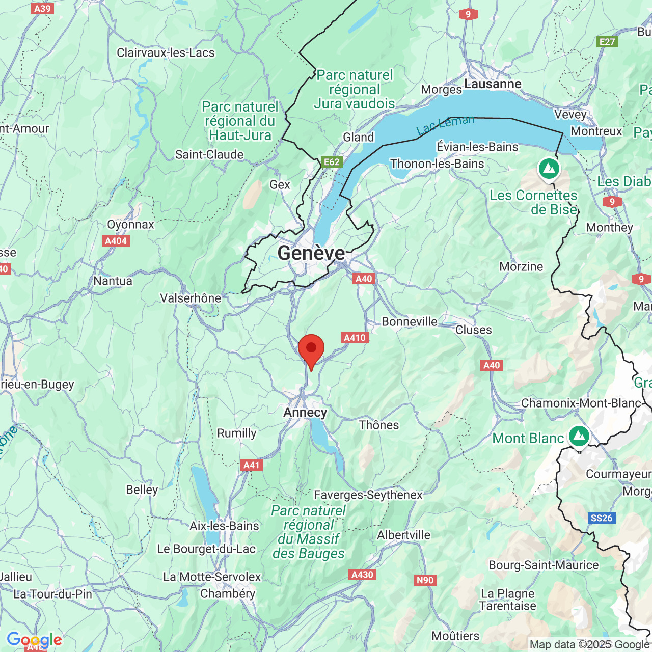 Karte mit Standortmarkierung in der Region Annecy
