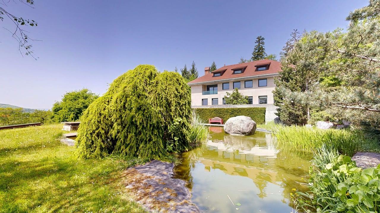 Garten mit Teich vor einem Wohnhaus