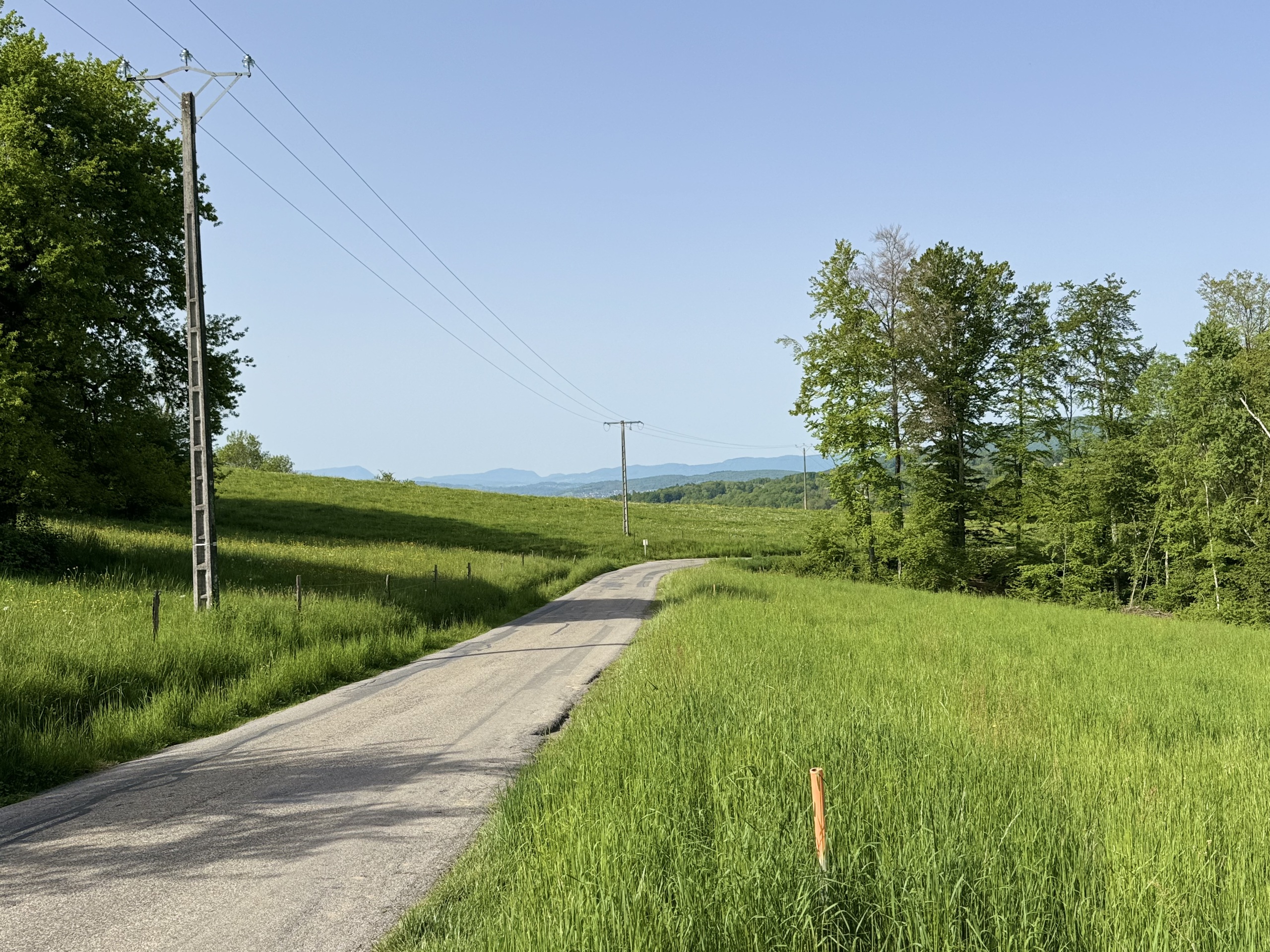 Ländliche Straße mit Wiesen und Bergen