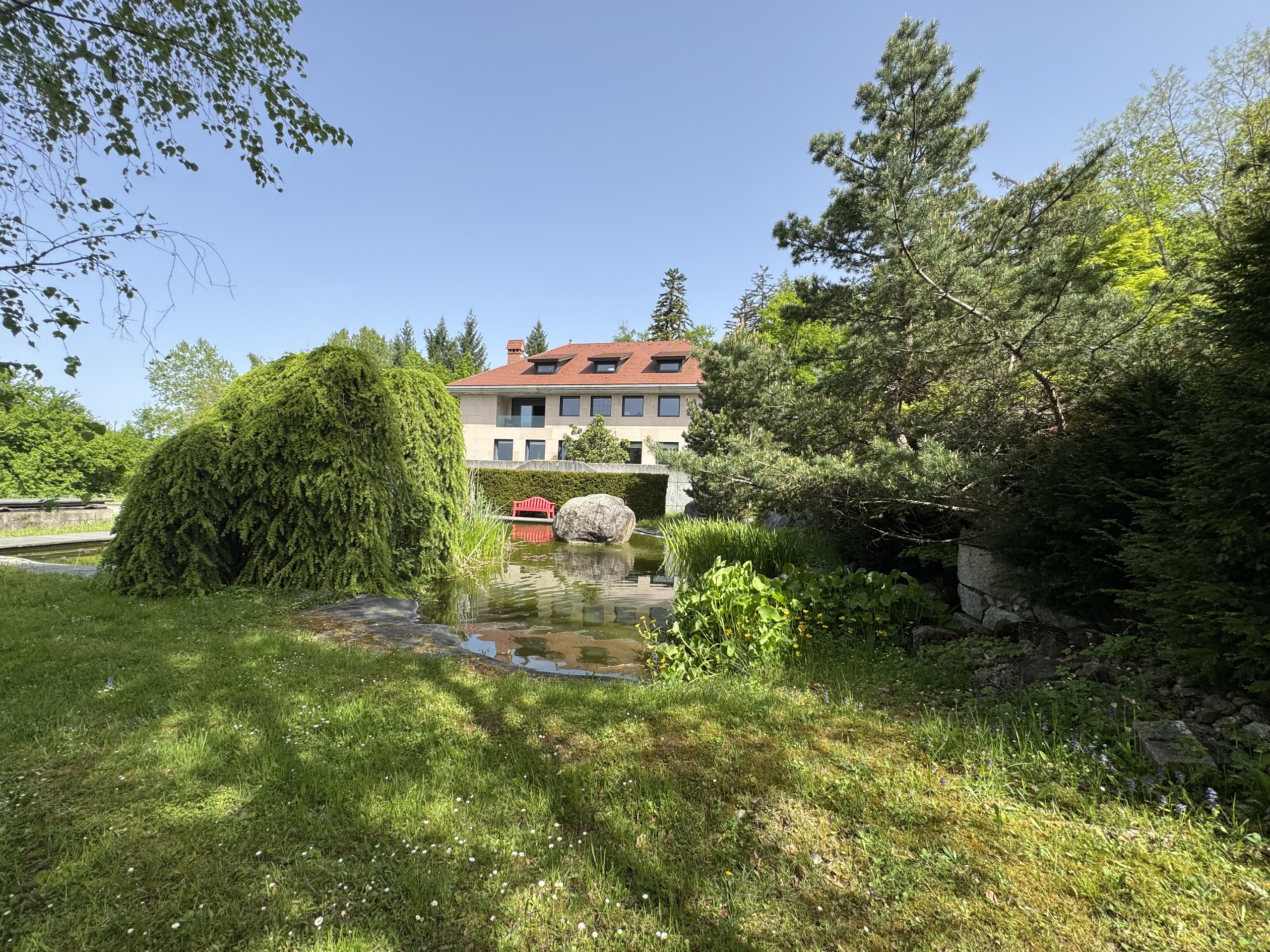 Gartenansicht eines Hauses mit Teich