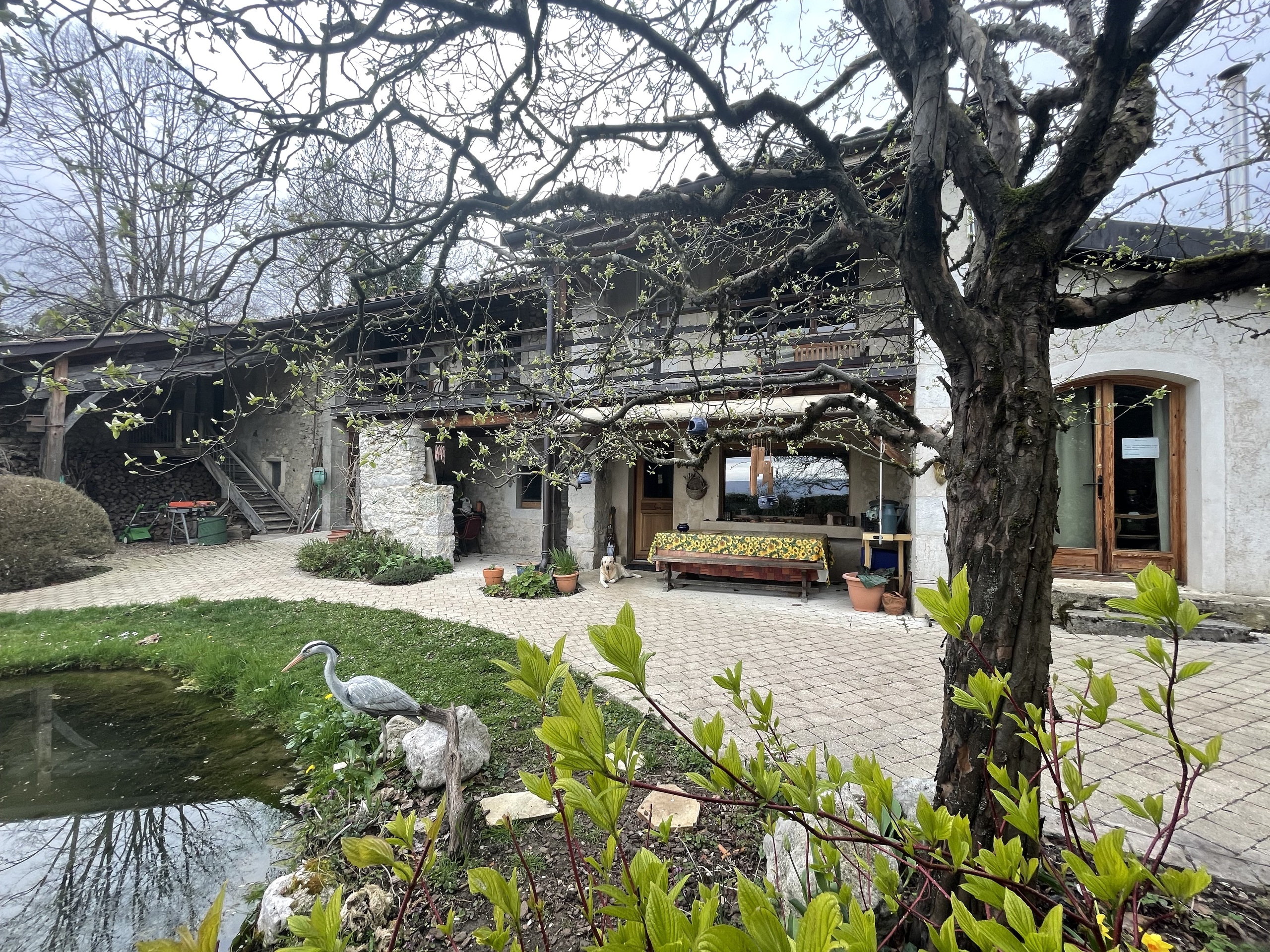 Außenansicht eines rustikalen Wohnhauses mit Garten und Teich