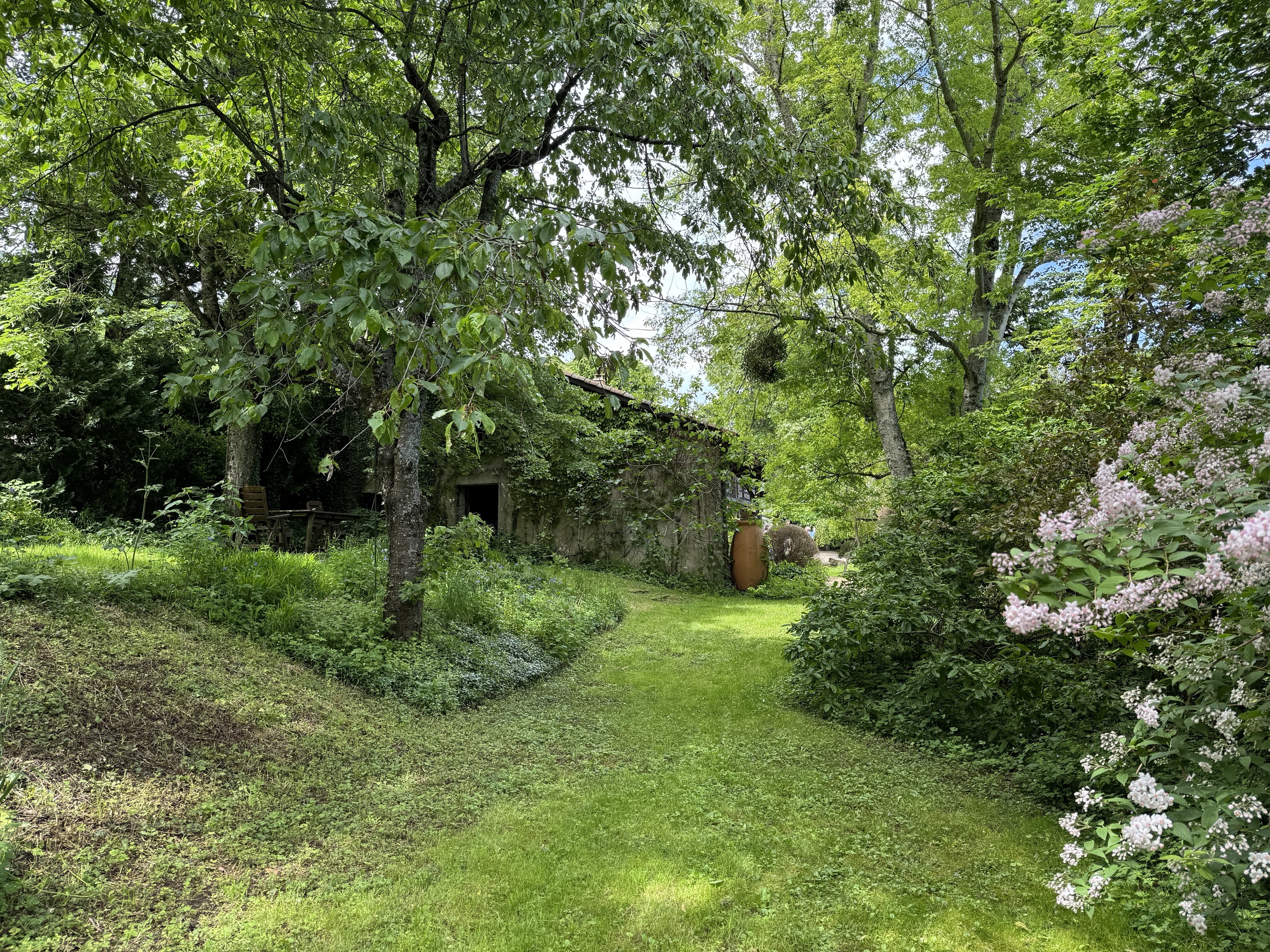 Üppiger Garten mit altem Gebäude