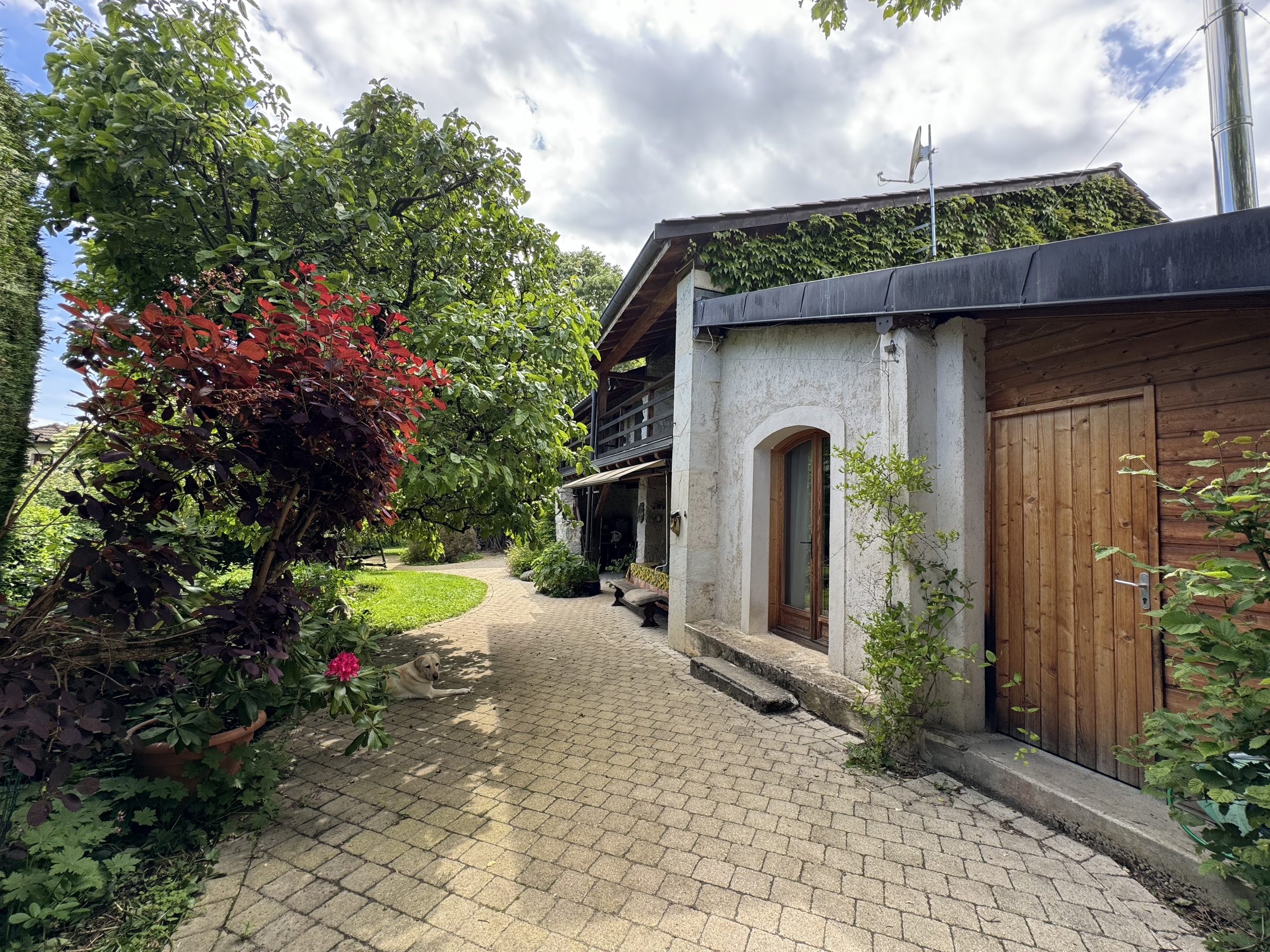 Gartenansicht eines Hauses mit gepflastertem Weg