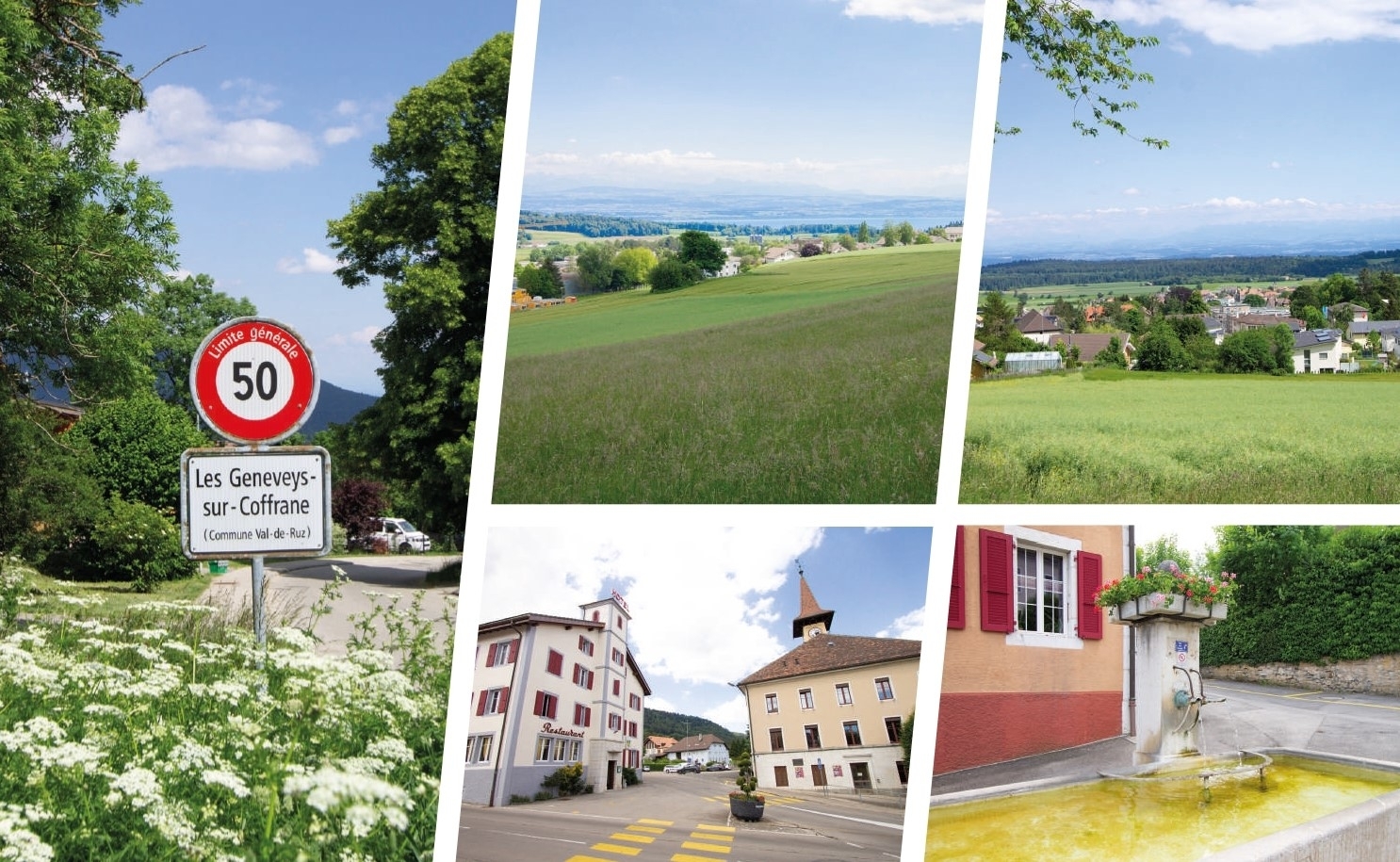 Mehrere Außenansichten eines Ortes mit Landschafts- und Dorfpanoramen