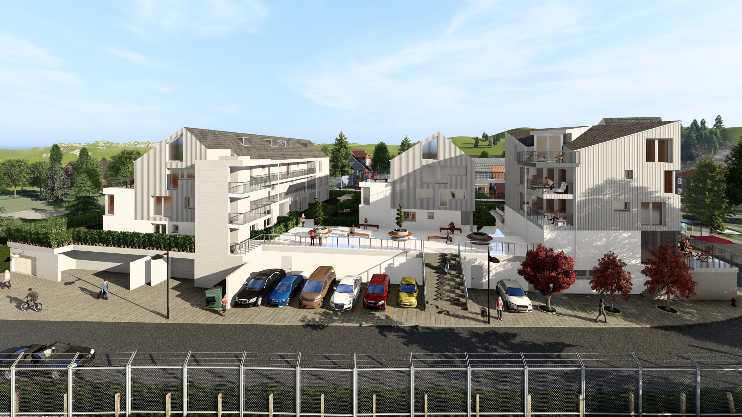 Moderne Wohnanlage mit Terrassen und Parkplätzen