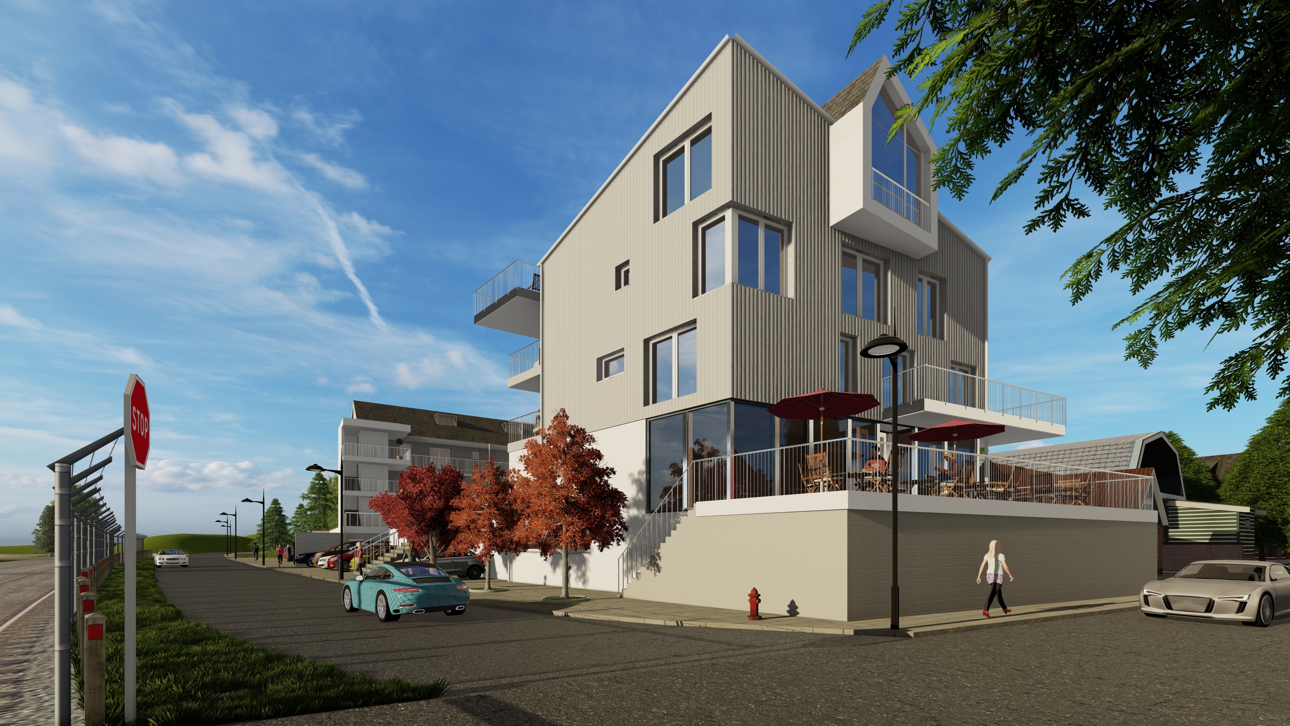 Moderne Wohnanlage an der Straßenecke