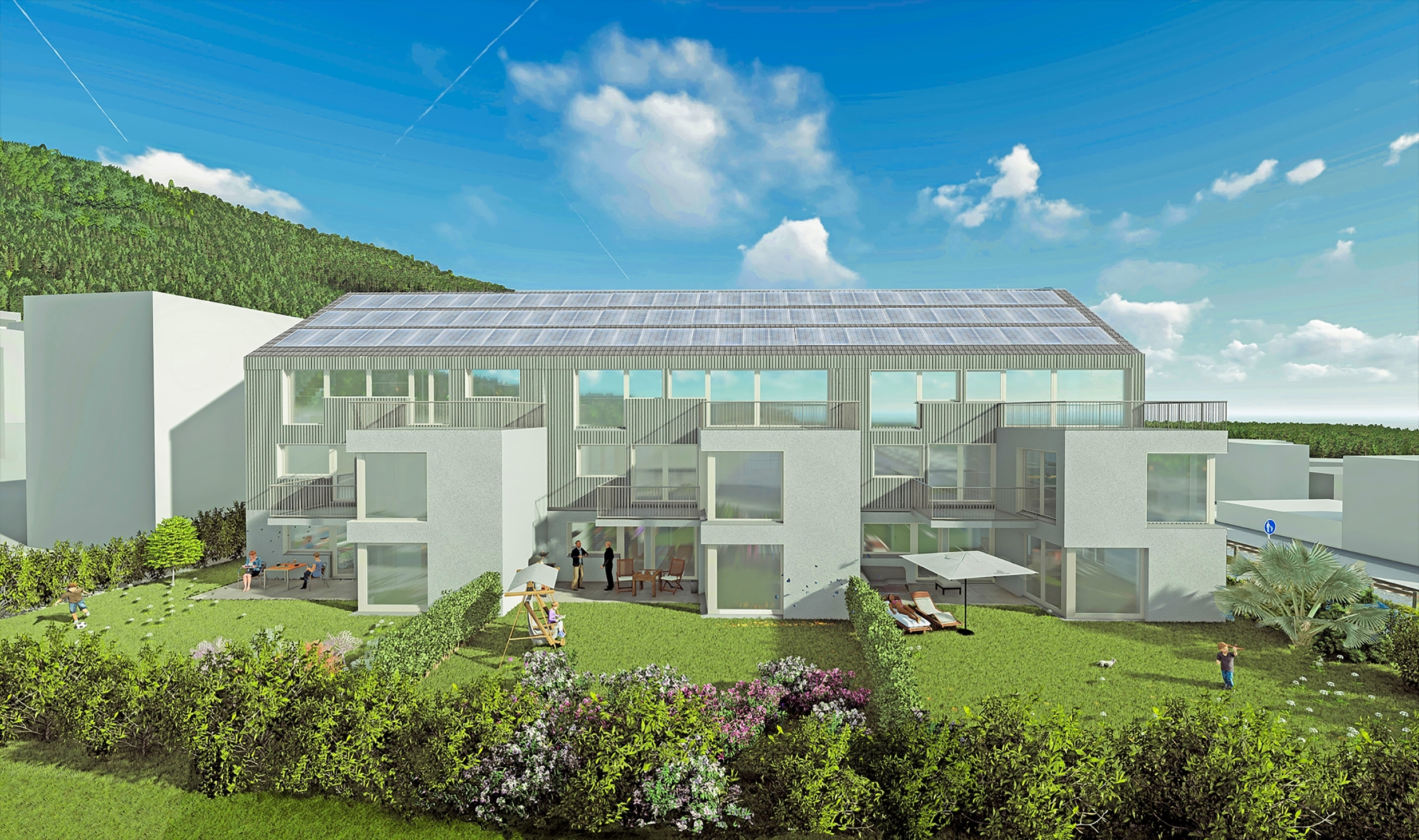 Modernes Mehrfamilienhaus mit Dachphotovoltaik und Gärten
