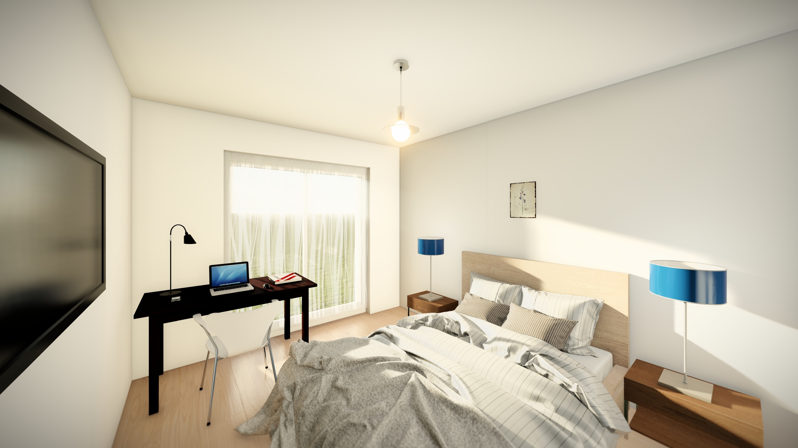 Helles Schlafzimmer mit Arbeitsbereich
