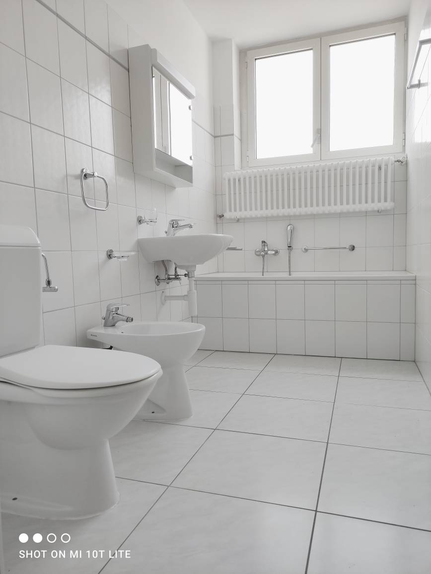 Helles, schlichtes Badezimmer mit Badewanne und Bidet