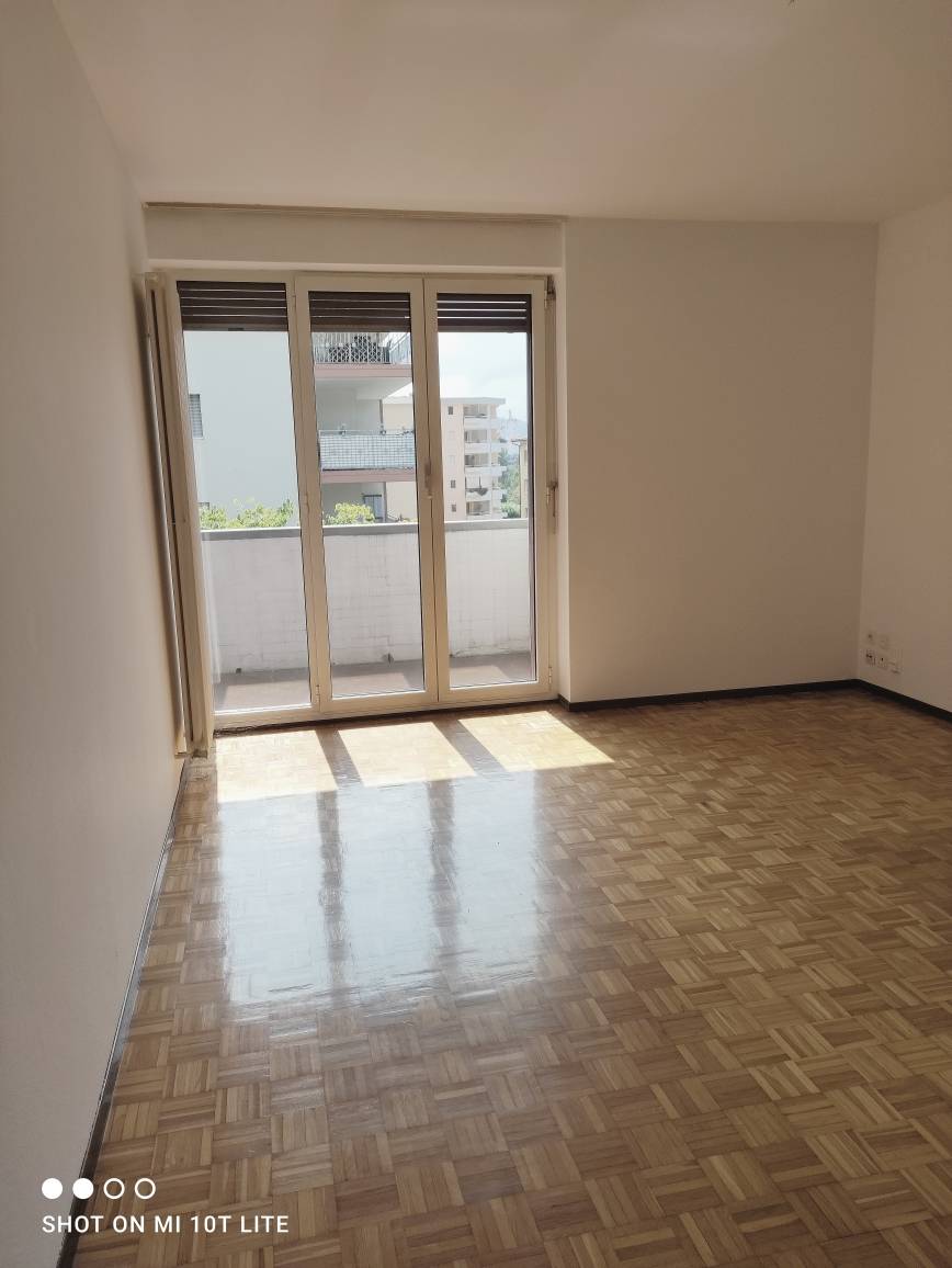 Leerer Wohnraum mit Balkon und viel Tageslicht