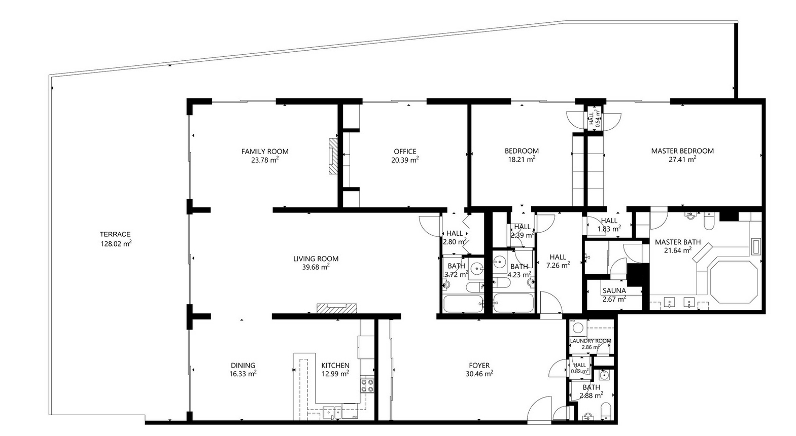 Grundriss eines großzügigen Hauses mit mehreren Wohn- und Schlafbereichen